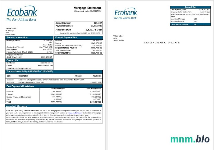 Sudan Południowy Ecobank wyciąg z kredytu hipotecznego w formatach Word i PDF